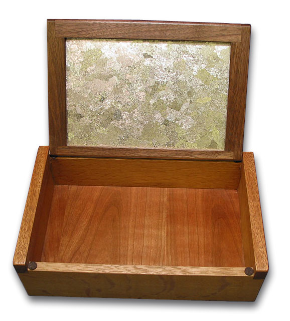 Open Wood Treasure Box with Camouflage Pattern Finish titanium sheet.